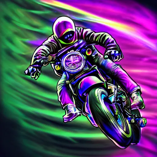 Image similar to psychedelic blacklight airbrush artwork, hyperrealistic motorcycle, hyper stylized action shot of an orc biker riding a motorcycle doing a wheelie, clear focused details, soft airbrushed artwork, black background, cgsociety, artstation