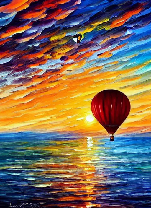 Image similar to beautiful hot air balloons over the ocean at sunset in the style of leonid afremov