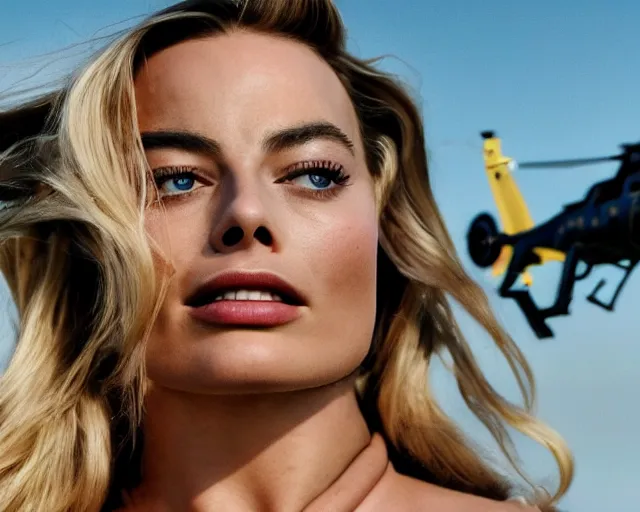 Image similar to a photo of margot robbie falling in the sky next to a helicopter, hyper realistic faces, beautiful eyes, cinematic, long shot, hyper detailed, 8 5 mm photograph, 8 k resolution, film still, sharp lens, wide lens