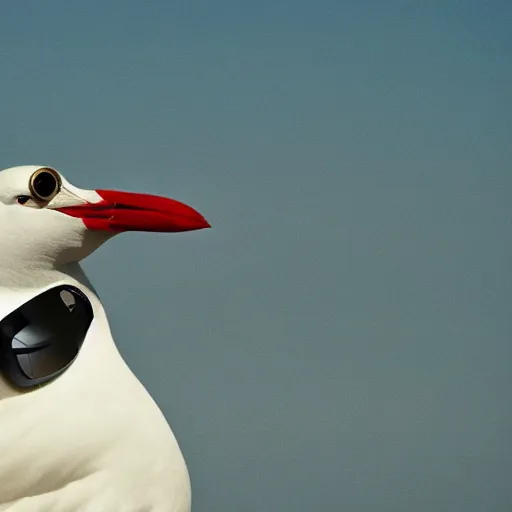 Prompt: a seagull wearing aviator goggles firing a machinegun