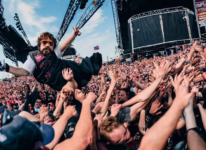 Image similar to photo still of peter dinklage at the vans warped tour!!!!!!!! at age 3 6 years old 3 6 years of age!!!!!!!! stage diving into the crowd, 8 k, 8 5 mm f 1. 8, studio lighting, rim light, right side key light