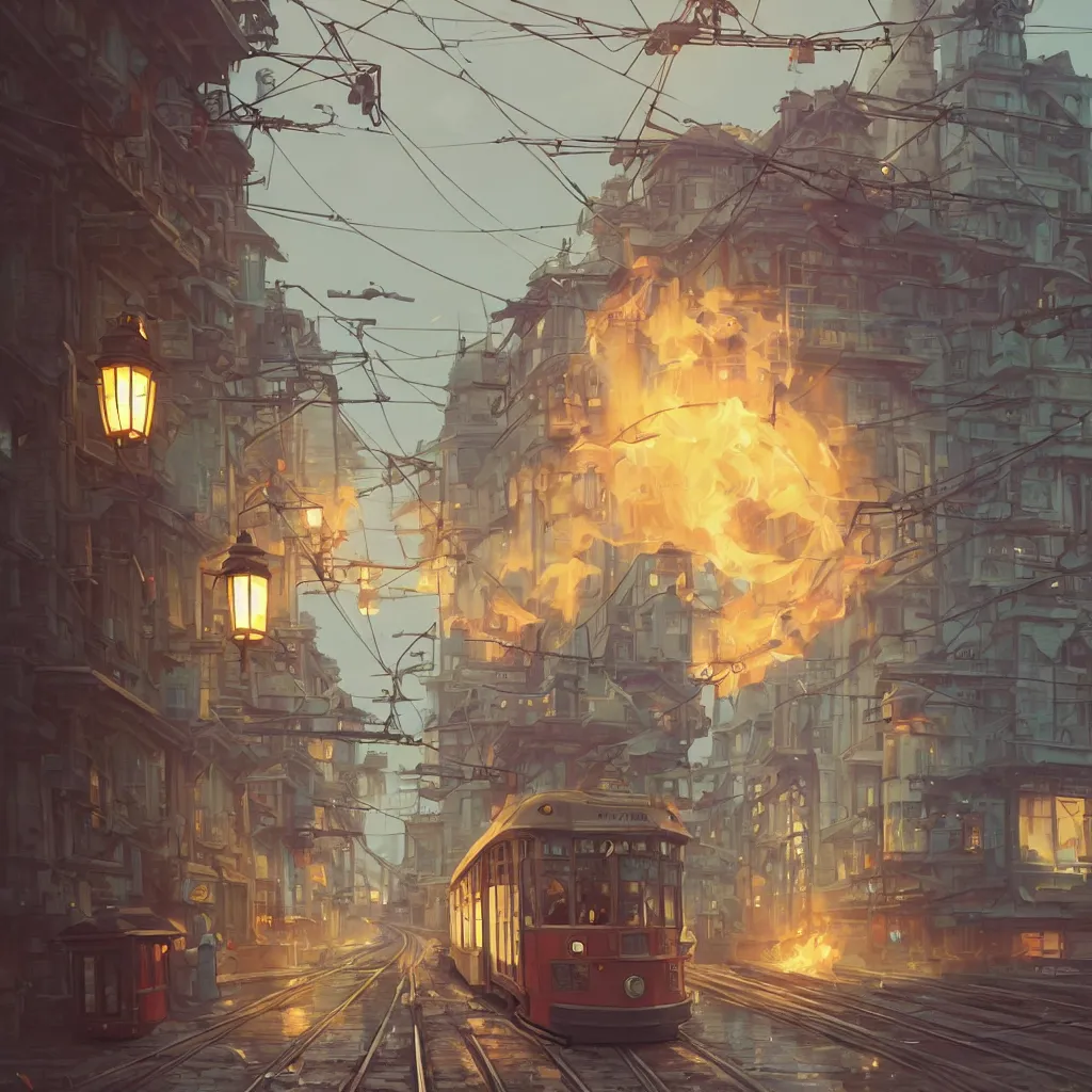 Prompt: a streetcar is running on the maple leaf sea, unreal engine, fantasy art by greg, loish, rhads, ferdinand knab, makoto shinkai and lois van baarle, ilya kuvshinov, rossdraws, tom bagshaw, night lighting, trending onstudio ghibli, highly detailed, octane render, 8 k