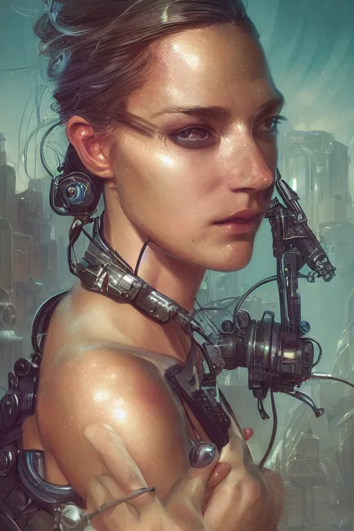 Image similar to ultra realistic illustration, dappled lighting, closeup portrait shot, perfect lighting, hacknaut cyberpunk, sci - fi, fantasy, intricate, elegant, deviantart, highly detailed, digital painting, artstation, concept art, smooth, sharp focus, illustration, art by artgerm and greg rutkowski and alphonse mucha