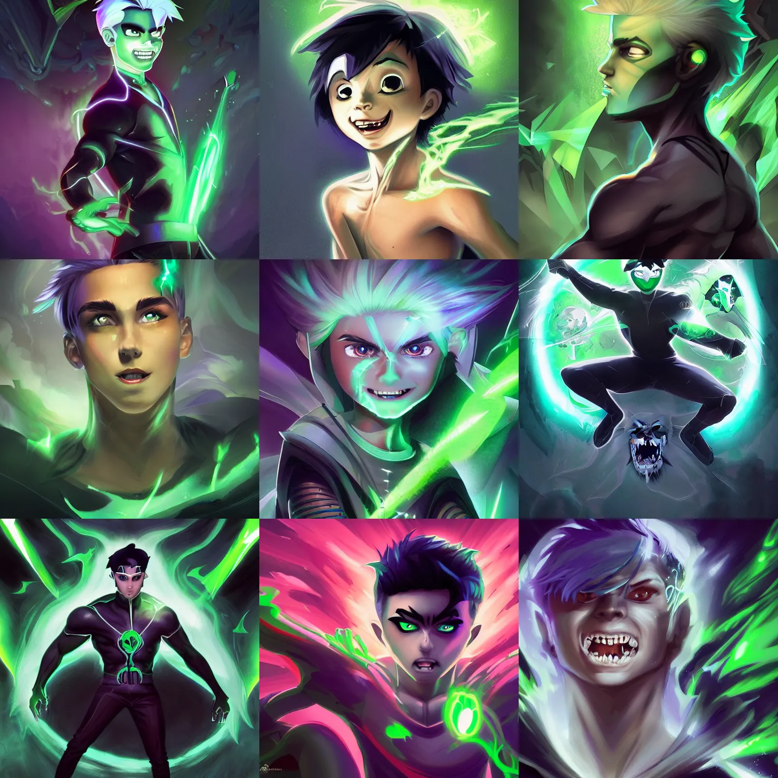 Prompt: Young Danny phantom with glowing green eyes and sharp fangs teeth, alt art, digital matte intricate illustration concept art, by WLOP and Ross Tran and Charlie Bowater and Artgerm and Mark Arian, neon colors, symmetry, greco-roman art, heroic pose, intricate complexity, epic composition, magical atmosphere, highly detailed, photorealistic symmetrical face, one point perspective, cinematic lighting, masterpiece, trending on artstation + 8k