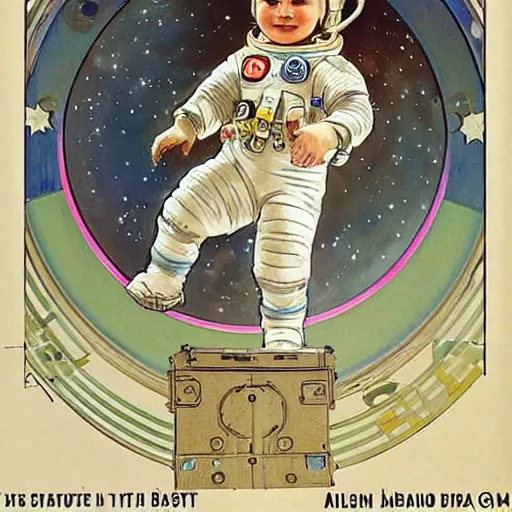 Image similar to a cute little girl with a round cherubic face, blue eyes, and short wavy light brown hair smiles as she floats in space with stars all around her. she is an astronaut, wearing a space suit. beautiful painting with highly detailed face by alphonse mucha and quentin blake