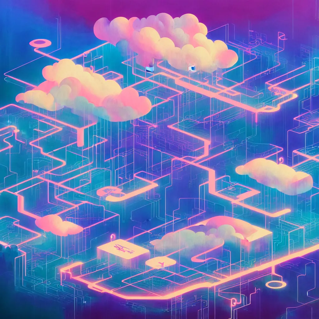 Prompt: illustration of a data-center architecture schema, connector, firewall, cloud, security, datastream or river, painting by Jules Julien, Leslie David and Lisa Frank and Peter Mohrbacher and Alena Aenami and Dave LaChapelle muted colors with minimalism