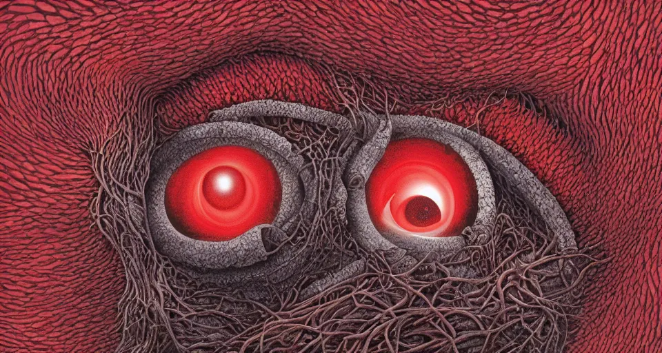 Image similar to a volcano made of ivory vines and crimson rocks enters in eruption, it spits a smoke in the shape of demonic eye, by Naoto Hattori