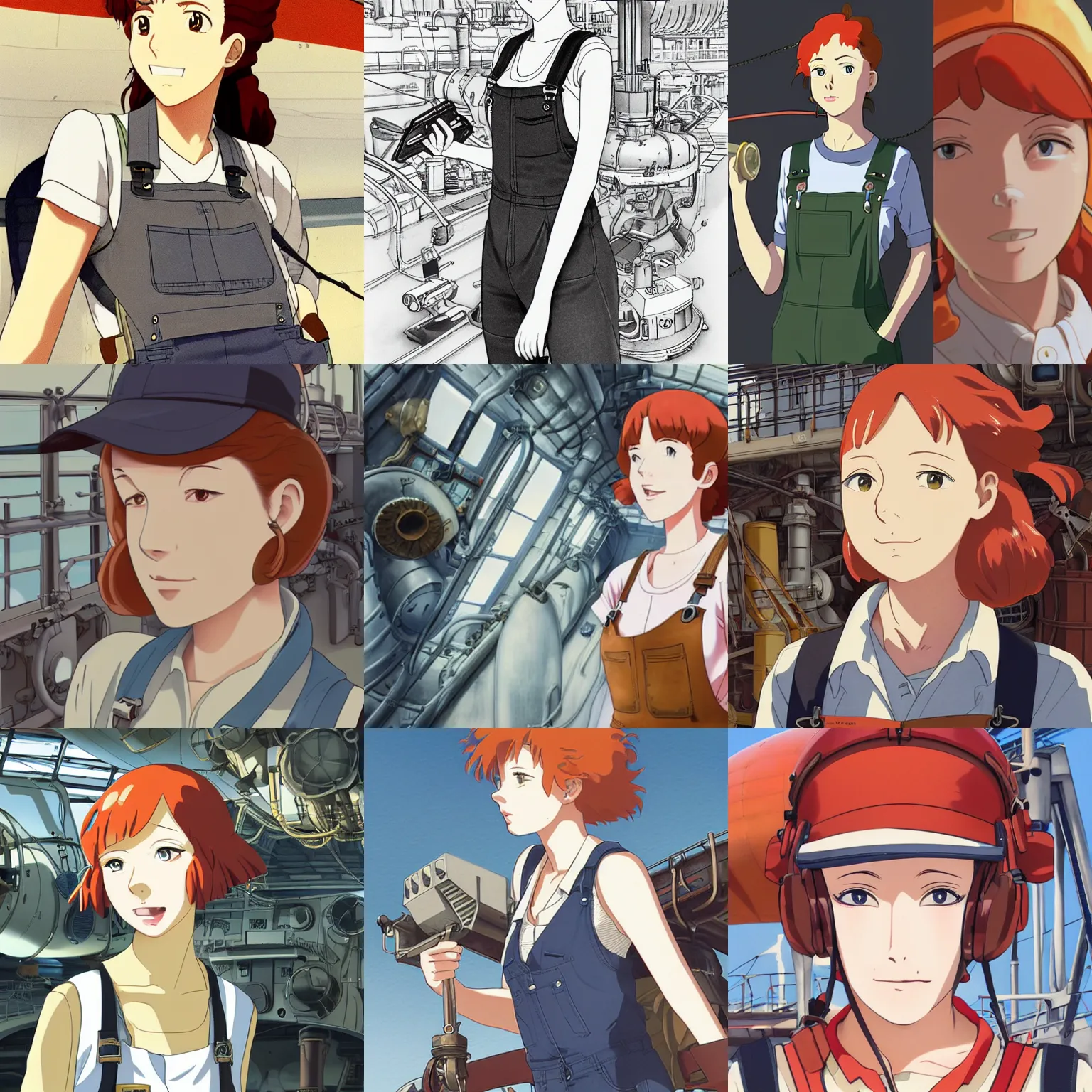 Prompt: Portrait of a tank top and dungaree-clad redheaded female airship engineer working in the lower deck of a ship, dieselpunk, defined facial features, highly detailed, animation cel, official Kyoto Animation and Studio Ghibli anime screenshot, by Makoto Shinkai and Range Murata