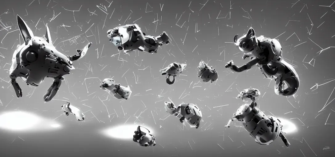 Image similar to nanobots swarm forming shapes of a cyborg cat and a cyborg cat, monochrome, ferroluid, hybrid, black and white artistic photo, artstation, futuristic, scifi style