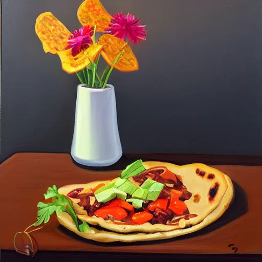 Prompt: a still life painting of a gourmet taco, slice of pizza and vase of flowers, trending on artstation, fine digital art