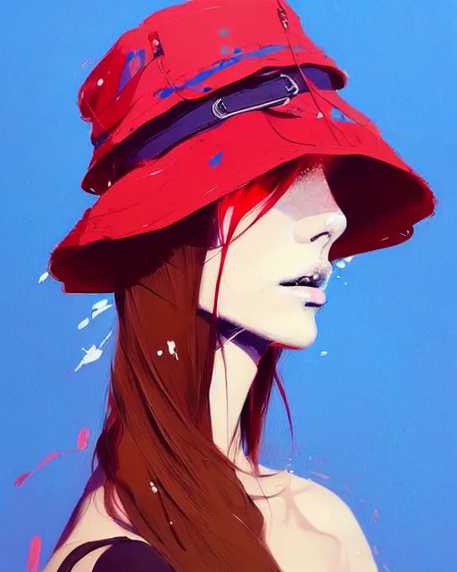Image similar to a ultradetailed beautiful painting of a stylish woman wearing a bucket hat, by conrad roset, greg rutkowski and makoto shinkai trending on artstation
