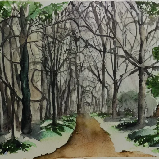 Image similar to abandoned city overgrown by trees, watercolor