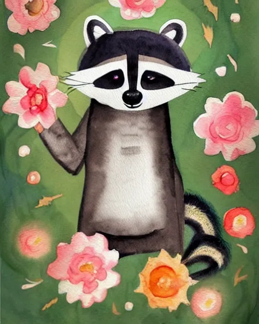 Image similar to a painting of a smiling anthropomorphic raccoon wearing a flower crown, a watercolor painting by annabel kidston, a storybook illustration, trending on pinterest, rococo, muted colors, soft colors, low saturation, smooth, made of flowers, watercolor, intricate, whimsical, white paper, minimalist, simple