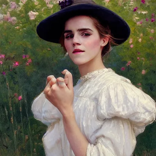 Prompt: closed eyes thick paint brush strokes full body fashion model smiling emma watson by Jeremy Lipking by Hasui Kawase by Richard Schmid (((smokey eyes makeup eye shadow fantasy, glow, shimmer as victorian woman in a long white frilly lace dress and a large white hat having tea in a sunroom filled with flowers, roses and lush fern flowers ,intricate, night, highly detailed, dramatic lighting))) , high quality