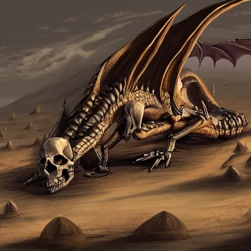 Prompt: “a huge skeleton of a dragon lying in the sands of the desert, atmospheric, concept art, high quality”