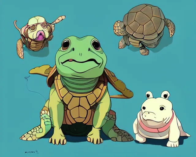 Prompt: cell shaded cartoon of an adorable turtle with a bulldog's head wearing goggles from moving castle ( 2 0 0 4 ), concept art by josan gonzales and wlop, by james jean, victo ngai, david rubin, mike mignola, deviantart, art by artgem