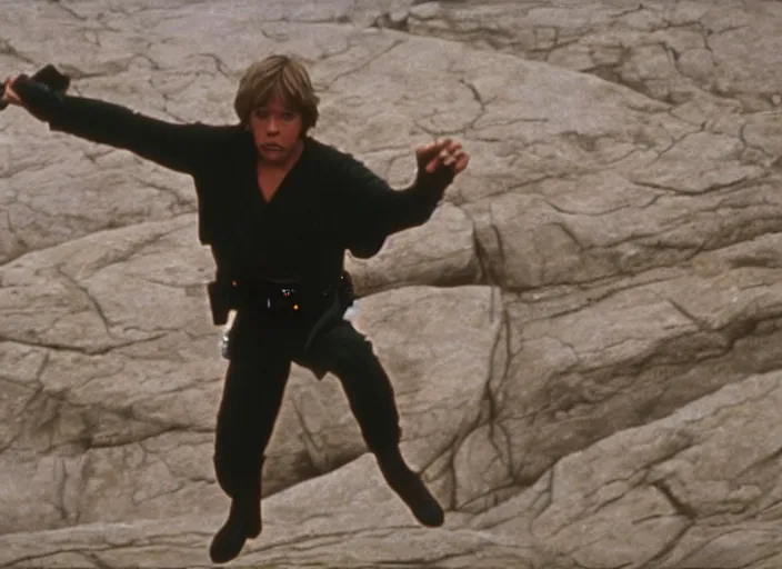 Prompt: epic screenshot from the film of Luke Skywalker, played by Mark Hammill, levitating rocks mid-air, outside marble, iconic scene from the force awakens, 1980s film directed by Stanley Kubrick, cinematic lighting, kodak, strange, hyper real, stunning moody cinematography, with anamorphic lenses, crisp, detailed portrait, 4k image