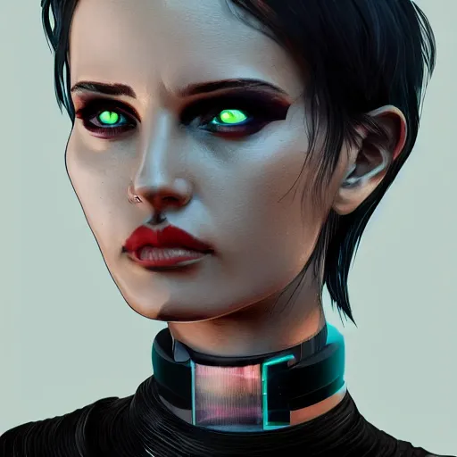 Image similar to headshot of cyberpunk woman wearing thick black choker around neck, detailed face, collar on neck, realistic, artstation, cyberpunk style, neon,