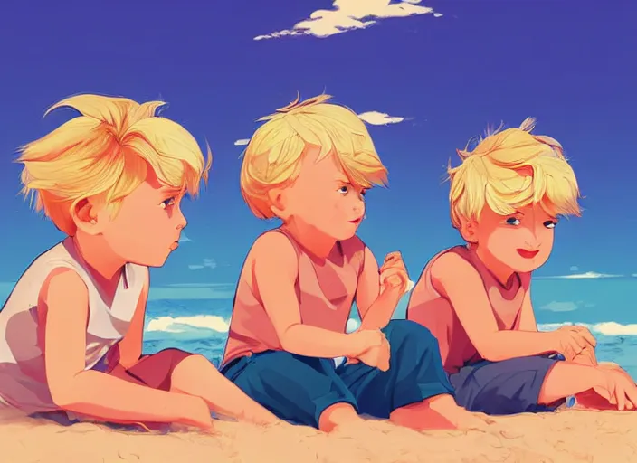 Image similar to two little boys with tousled blonde hair sitting on a beach. clean cel shaded vector art. shutterstock. behance hd by lois van baarle, artgerm, helen huang, by makoto shinkai and ilya kuvshinov, rossdraws, illustration, art by ilya kuvshinov