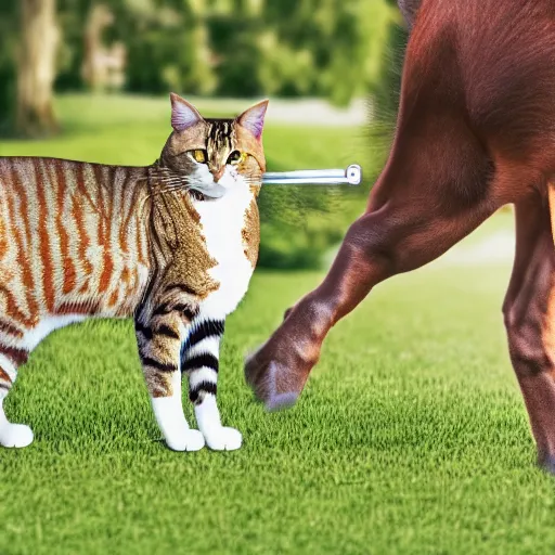 Image similar to a cat standing on a dog that riding a horse, realistic, 4k