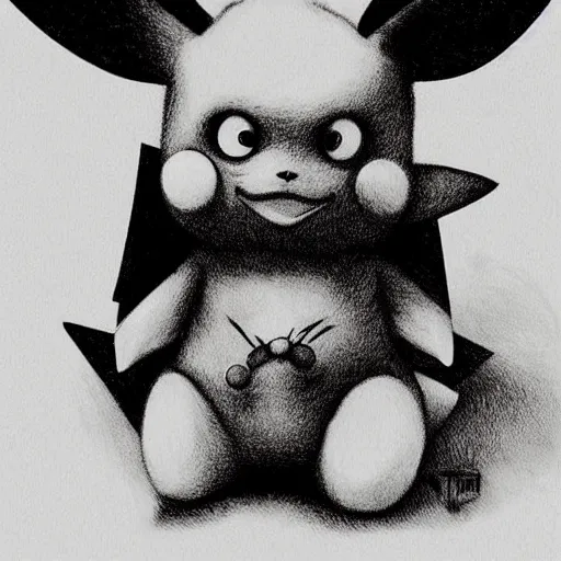 Image similar to a photorealistic pikachu by tim burton. Gothic. Portrait. Detailed.