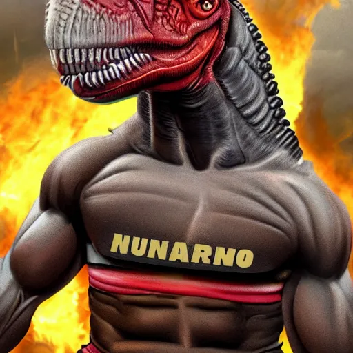 Image similar to a muscular tyrannosaurus Rex firefighter,