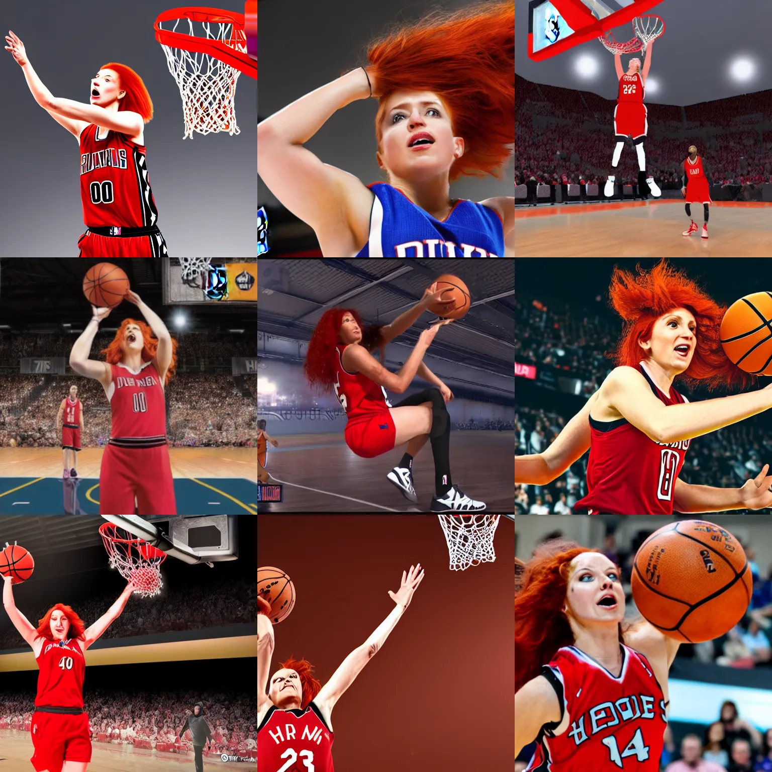 Prompt: red - haired woman dunking a basketball, hd, 8 k, nba.