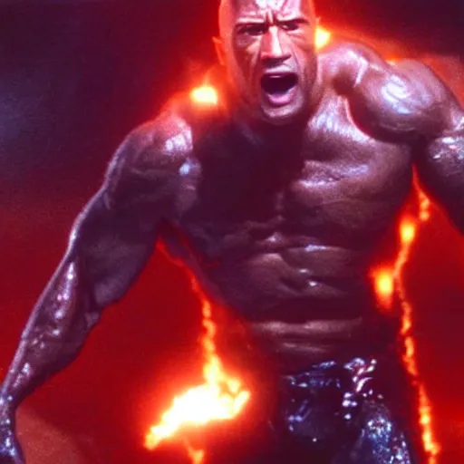 Image similar to film still of a cyborg dwayne johnson giving a thumbs - up while going inside a molten metal pool in terminator 2 1 9 9 1, epic, volumetric lighting, hd, 8 k