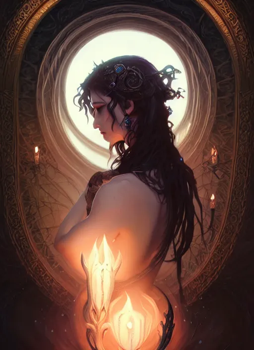 Image similar to Necromancer Sorceress goddess of death, fantasy sorceress magic, undercut hairstyle, dark light night, intricate, elegant, sharp focus, illustration, highly detailed, digital painting, concept art, matte, art by WLOP and Artgerm and Greg Rutkowski and Alphonse Mucha, masterpiece