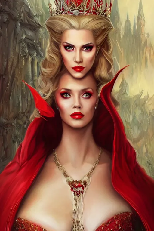 Image similar to beautiful evil queen, blonde, red gown, throne, wearing crown, highly detailed, d & d, fantasy, portrait, highly detailed, headshot, digital painting, trending on artstation, concept art, sharp focus, illustration, art by artgerm and greg rutkowski and magali villeneuve