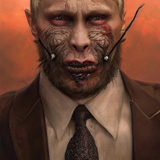 Image similar to a portrait of a putin as a zombie with its mouth and eyes sewn shut, full body, leather, hairy, d & d, fantasy, intricate, elegant, highly detailed, digital painting, artstation, concept art, smooth, sharp focus, illustration, art by artgerm and greg rutkowski and alphonse mucha