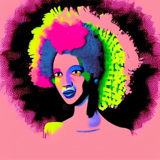 Prompt: a woman with a pink afro looking across the bar at you, synthwave, digital art, colorful