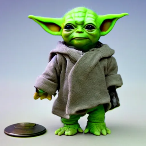 Prompt: baby yoda as a 1980's style Kenner action figure