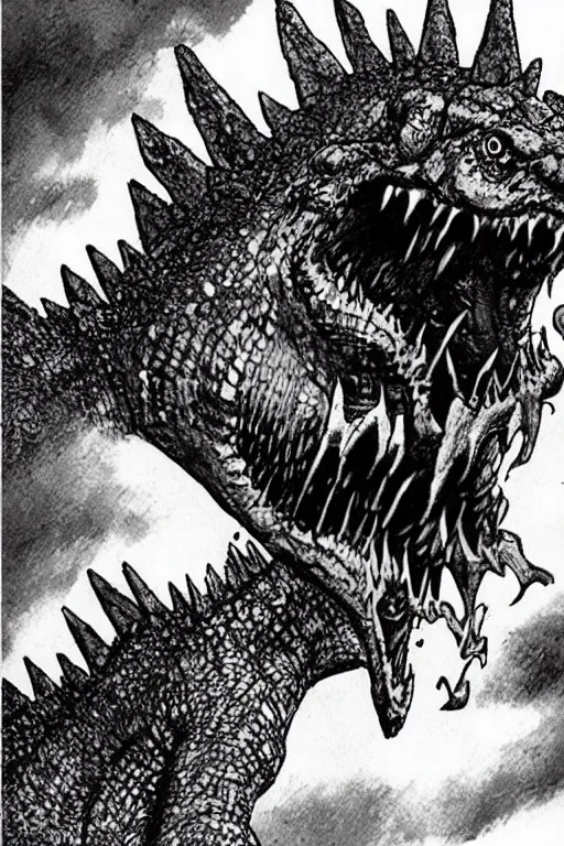 Image similar to Godzilla, kaiju, sea creature, crocodile, sharp teeth, scary look, angry