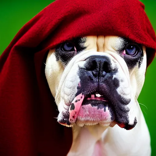 Image similar to portrait of american bulldog as afghan puppy, green eyes and red scarf looking intently, photograph by steve mccurry