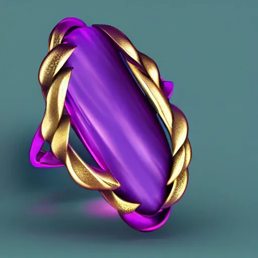 Image similar to mystical gold and diamond thin curly female ring with fine purple and green details, ultra detailed, centered, octane render, elegant, caustics