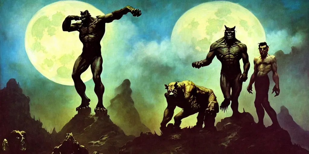 Prompt: by frazetta , panoramic close up of realistic oversized werewolf with frankenstein and mummy, epic pose , full body backlight ,top light ,full body portrait ,highly textured oil painting ,jungle ,cyan graveyard with backlight from the moon ,foggy background ,with dramatic sky ,clouds and giant oversized moon and storm