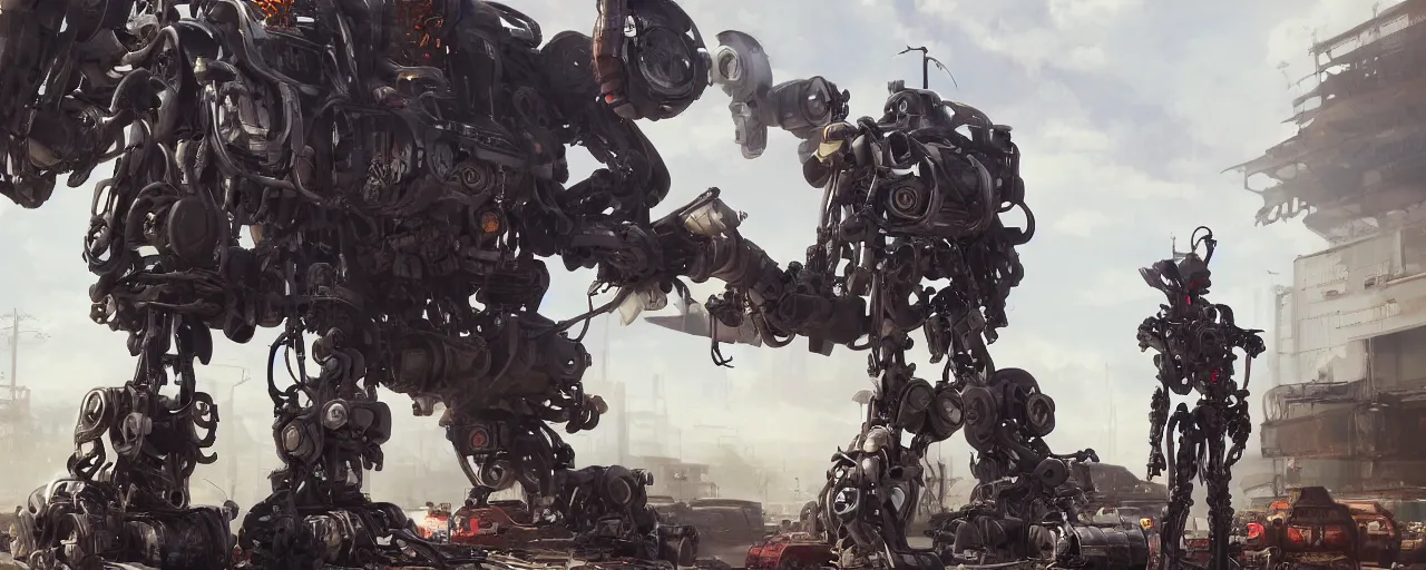 Image similar to an intricate concept art of a robot coming out of the junkyard, hyper maximalist, matte painting, ultra detail, concept art, hyper realistic, cgsociety, hyper maximalist, artstation, deviantart, style by feng zhu and dylan cole, octane render, anime style