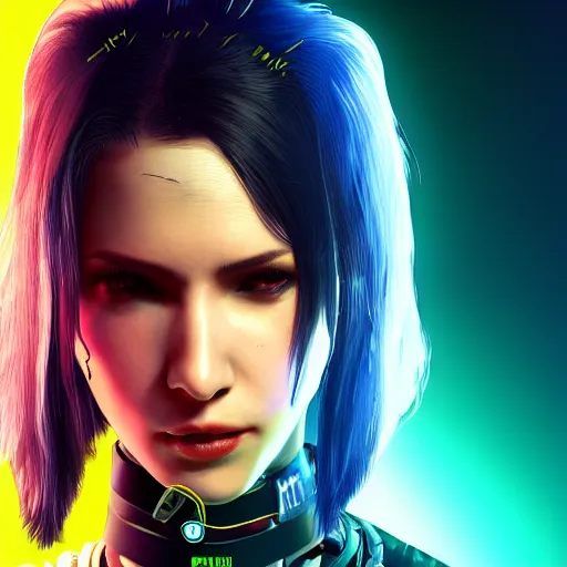 Image similar to female V from Cyberpunk 2077 wearing spiked black collar around neck, realistic, art, beautiful, 4K, HD, collar, choker, collar, choker, punk, artstation, wallpaper,