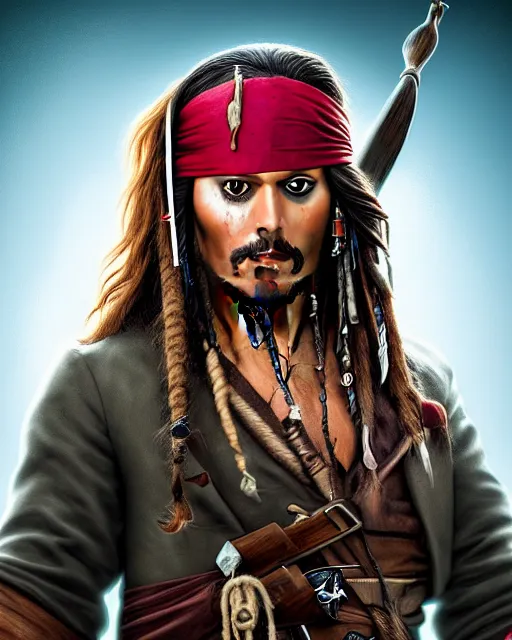 Prompt: an epic comic book style full body portrait painting of jack sparrow with black hair, elegant, character design by Mark Ryden and Pixar and Hayao Miyazaki, unreal 5, DAZ, hyperrealistic, octane render, cosplay, RPG portrait, dynamic lighting, intricate detail, summer vibrancy, cinematic