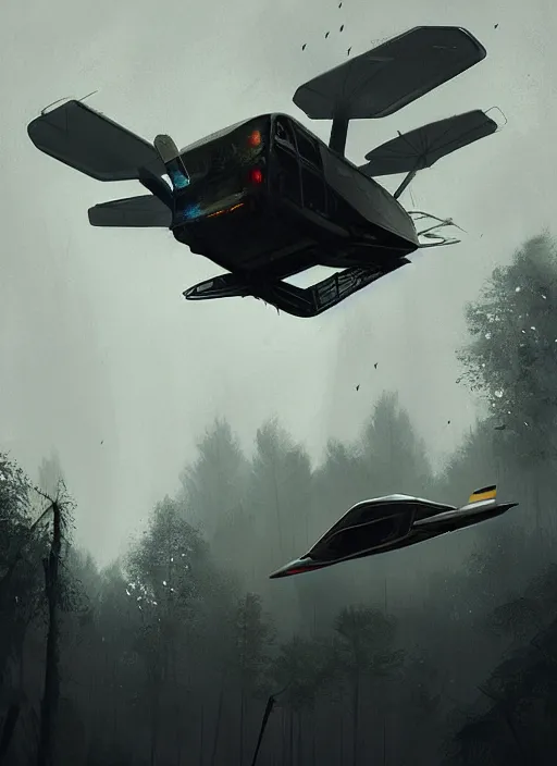 Prompt: blade runner flying car, in flight, grey forest background, by ismail inceoglu