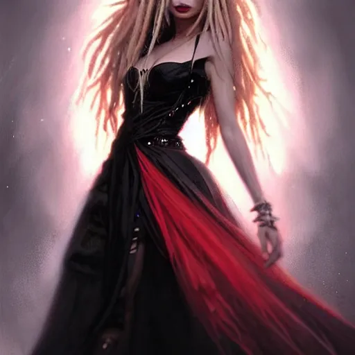 Prompt: photography flawless beautiful female instagram model with blonde and red dreadlocks in a black ballgown, dark, piercing eyes, exotic expression, esoteric clothing, photorealistic, highly detailed, mysterious lighting, artstation, smooth, sharp focus, art by artgerm, greg rutkowski and luis royo