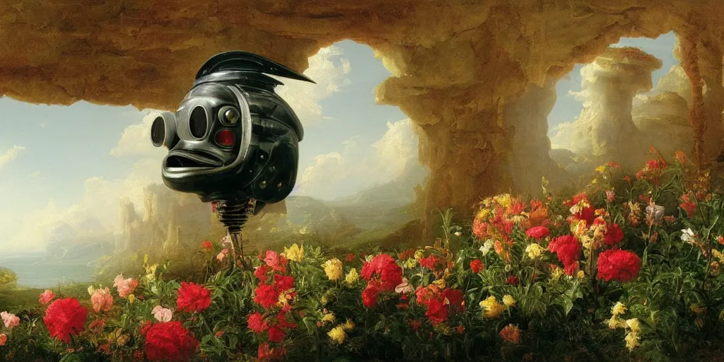 Image similar to a wide angle painting by Thomas Cole of a robot head with flowers growing out, highly detailed, masterpiece