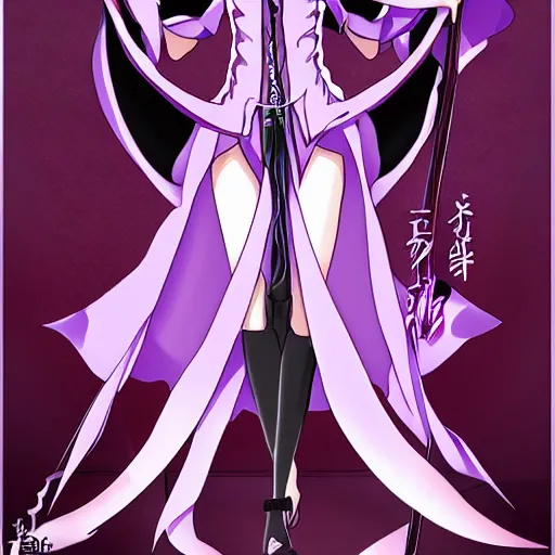 Image similar to an attractive anime female necromancer mage symmetrical, donned in black cloak with purple staff full body in frame