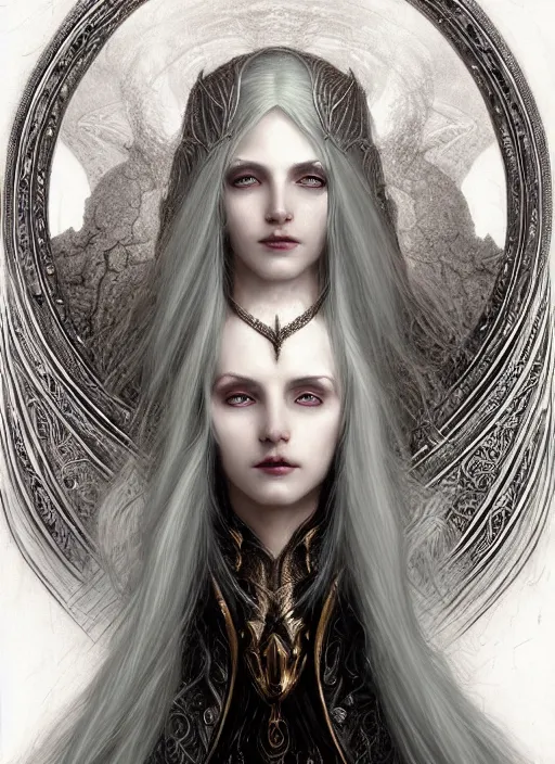 Image similar to immortal majestic elven sorceress wearing a cloak, long beautiful strands of pale white hair, engraving, concept art, elden ring, illustration, smooth, sharp focus, by gustave dore and greg rutkowski, hyper realistic face, piercing beautiful eyes, fantasy art, in the style of midjourney, intricate, alphonse mucha, hyper detailed