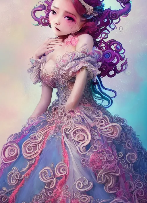 Image similar to A full body shot of a cute and mischievous young monster princess wearing an ornate gown. Covered in barnacles and tentacles. Dynamic Pose. Quinceanera dress. Rainbow palette. rainbowcore. Eldritch Beauty. defined facial features, symmetrical facial features. Opalescent surface. beautiful lighting. By Ruan Jia and Artgerm and Range Murata and WLOP and Ross Tran and William-Adolphe Bouguereau. Key Art. realistic, Hyperdetailed. Fantasy Illustration. Masterpiece. artstation, award winning, sharp, details, HD, HDR, 4K, 8K.