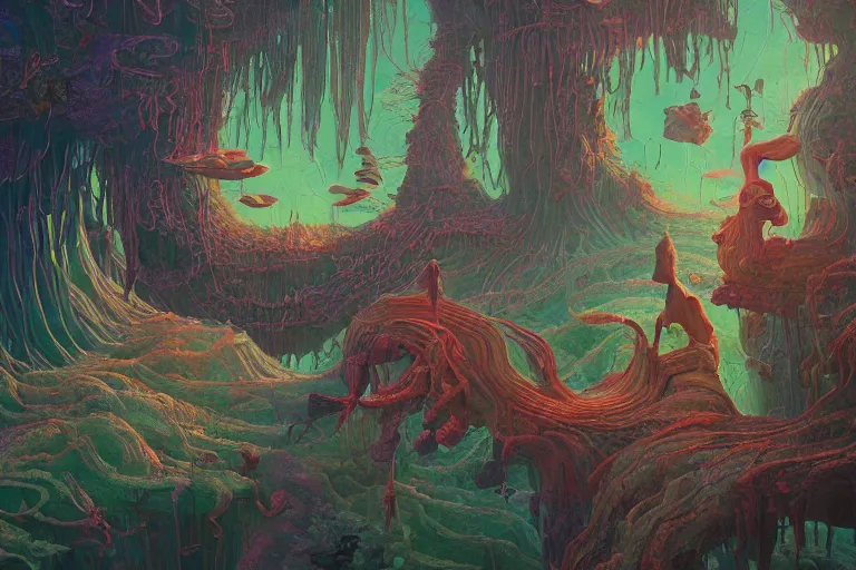 Prompt: a peculiar, beautiful dreamscape with strange inhabitants | | organic painting by max masnyy, jakub gazmercik, beeple, patrick faulwetter, heavenlydaemonic, and mc escher, surrealism, trending on artstation