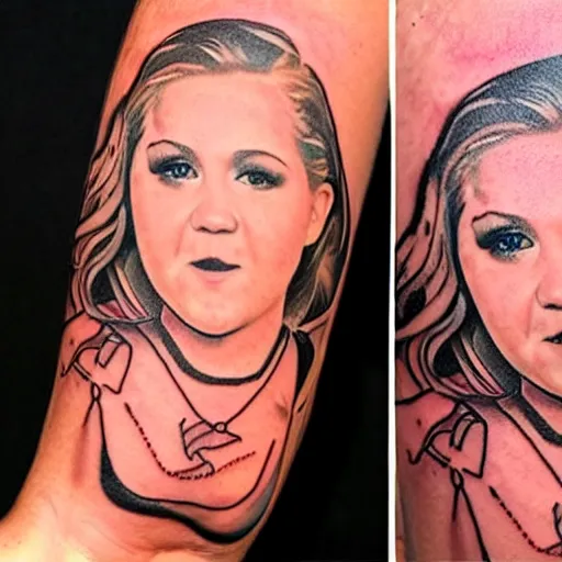 Prompt: tattoo of a violently drunk amy schumer