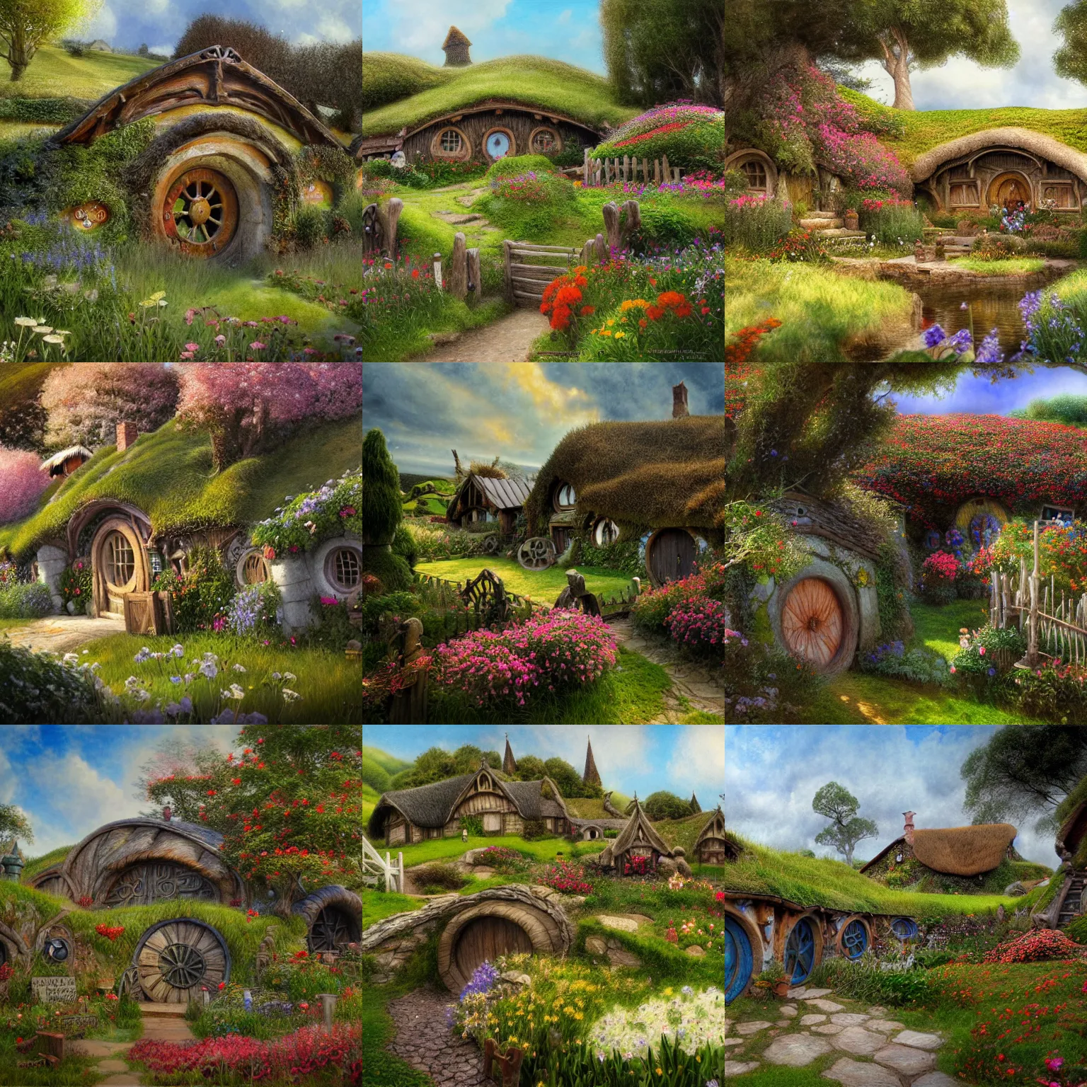 Prompt: Hobbiton in full bloom by Alan Lee, intricate, highly detailed, digital painting, artstation, concept art, smooth, sharp focus, illustration, vfx