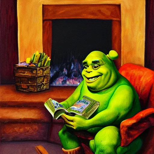 Image similar to !dream happy Shrek with brown hair sitting by the fireplace, reading a book, drinking tea, in a comfortable chair, cozy atmosphere, home, warm hues, oil painting, realistic